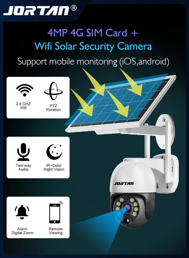 4MP 4G SIM Card & Wifi Solar Security Camera Outdoor Wireless Low Power Consumption Surveillance Camera with Solar Panel & Motion Detection & Microwave Dual Detection & Remote Control & 2 Way Audio