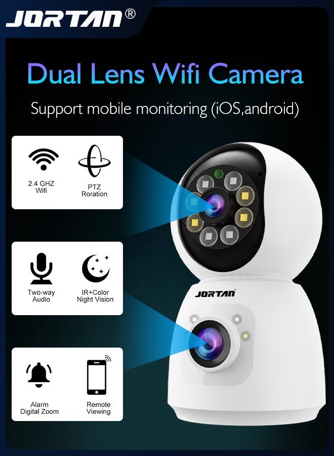 4MP 2Kx2 WiFi Security Camera Dual-Lens Wireless PTZ Camera 360° Pan/Tilt/Zoom Camera System with Motion Detection & Two-Way Talk & Siren Alarm & Color Night Vision for Monitoring Baby, Pet and Home