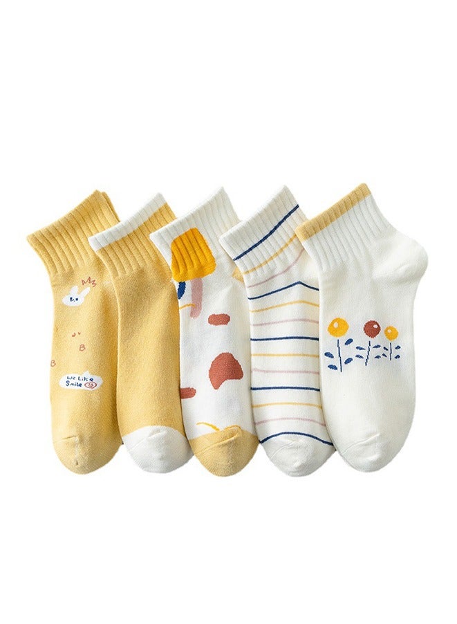 5 Pairs Striped Leisure Short Socks Cartoon Rabbit, Flowers Cute Cotton Socks Summer Ankle Boot casual cotton socks