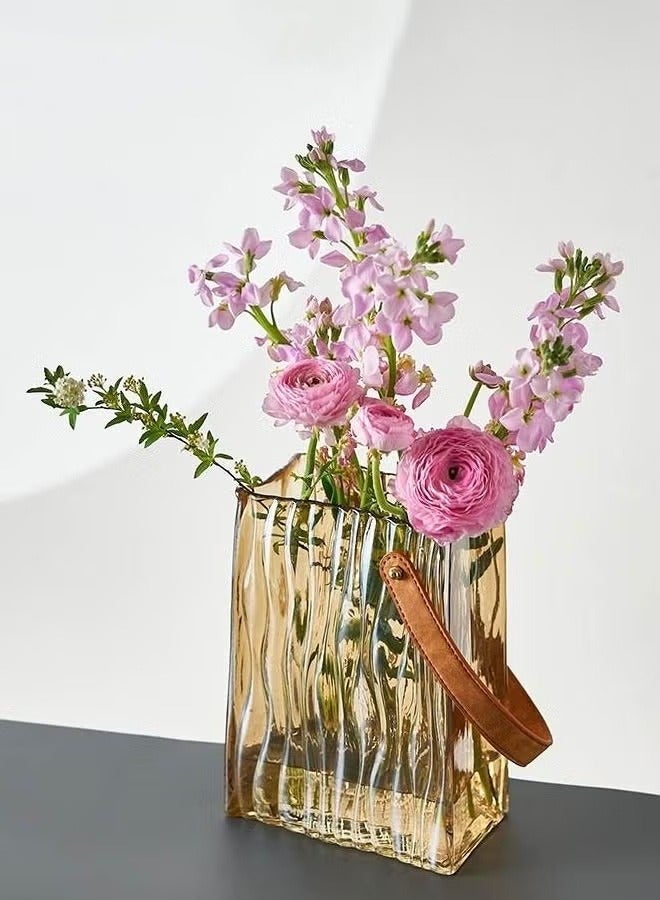 Glass Purse Vase for Flowers Handbag Vase with Leather Handle Glass Bag Flower Vase Great for Floral Arrangement Centerpiece Home Decor Amber
