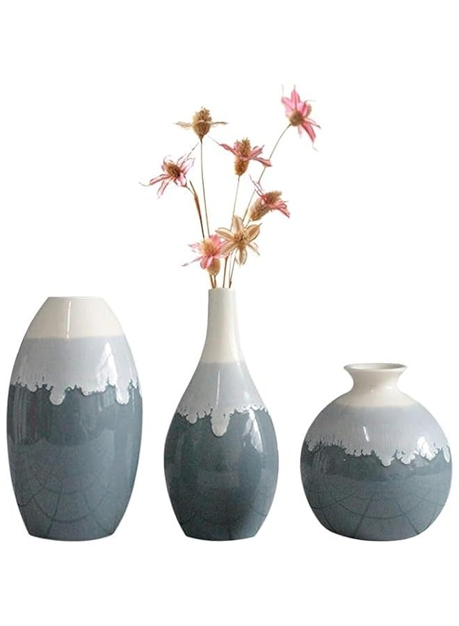 Blue Ceramic Vase Set of 3 - Modern Home Decor, Unique Flower Vases, Living Room Centerpieces, Rustic Farmhouse Mantel Decoration