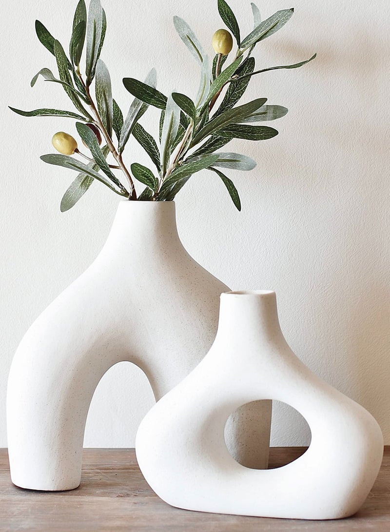 Donut Vase, Set of 2 - Minimalist Nordic Style, White Ceramic Vase Decor - Table Centerpiece, Wedding, Living Room, Bookshelf, Bedroom, Office, Modern Boho Home Decor