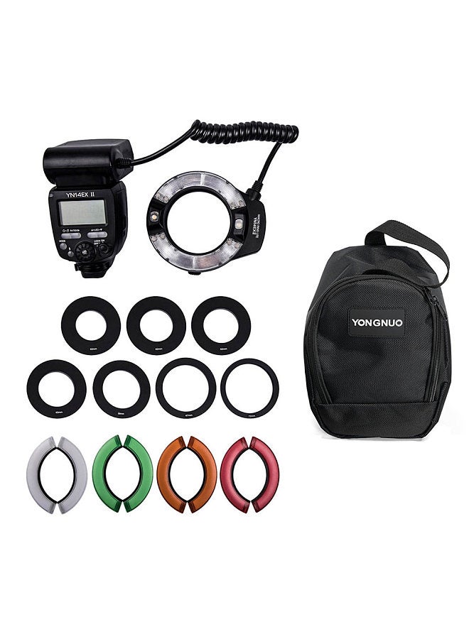 YN14EX II Macro Ring Flash Camera Speedlite GN18 TTL Auto/ Manual Flash 5600K 3s Recycle Time with Carrying Bag 4 Set Color Filters 7pcs Adapter Rings Replacement