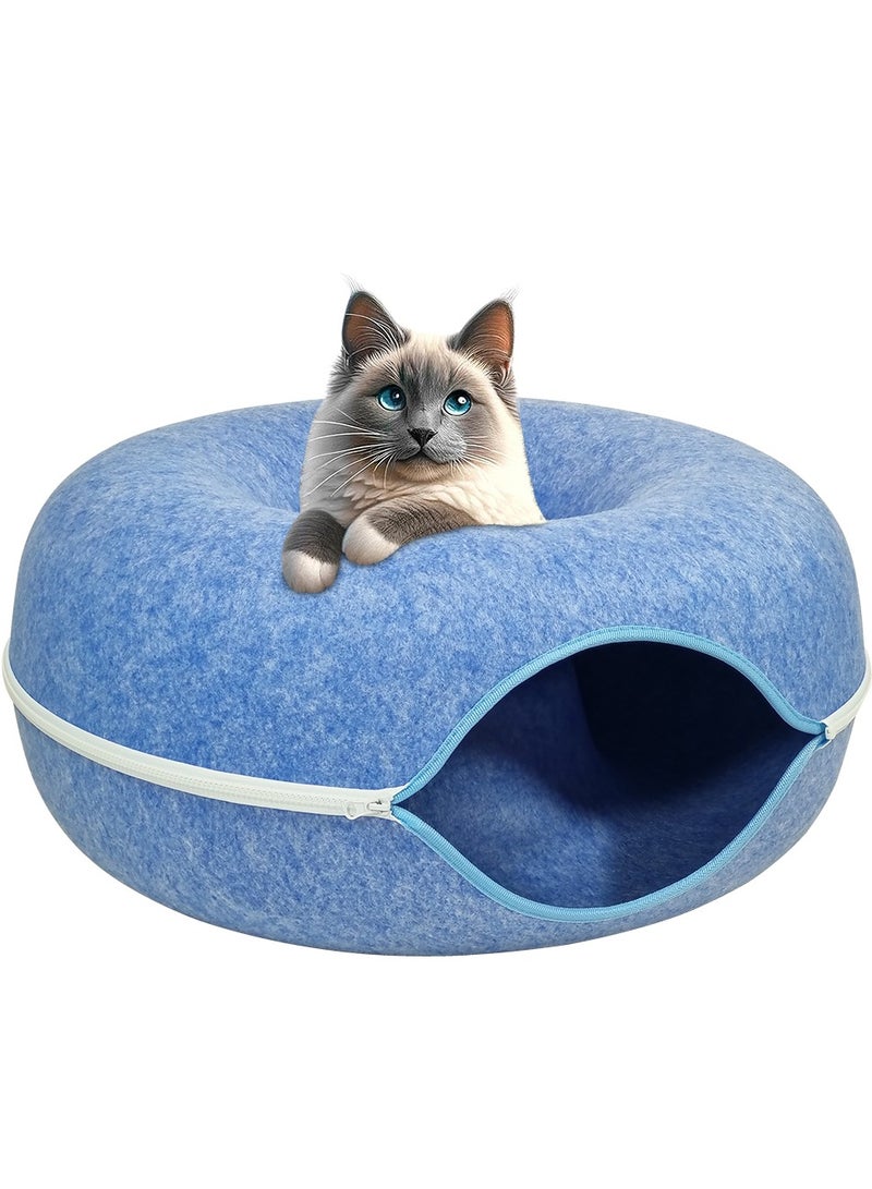 Cat tunnel bed, Indoor cat hide-out tunnel with ventilation window for medium pets, Anti-collapse felt play tunnel, Cat cave doughnut bed, Detachable and washable cat cave 60 cm (Blue)