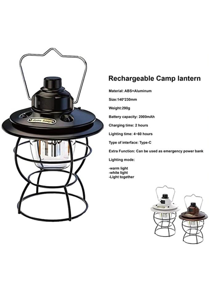 Retro LED Lantern Rechargeable Warm Light Dimmable Type C Camping Lights For Tents Outdoor Power Outages Hiking And Emergency Fishing