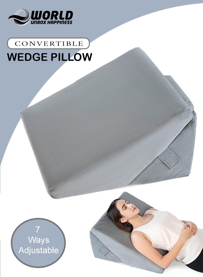 Premium Adjustable Memory Foam Wedge Pillow with Breathable Cover, 7 Incline Positions for Acid Reflux, GERD, Heartburn, Back & Knee Pain Relief, and Post-Surgical Recovery, Grey
