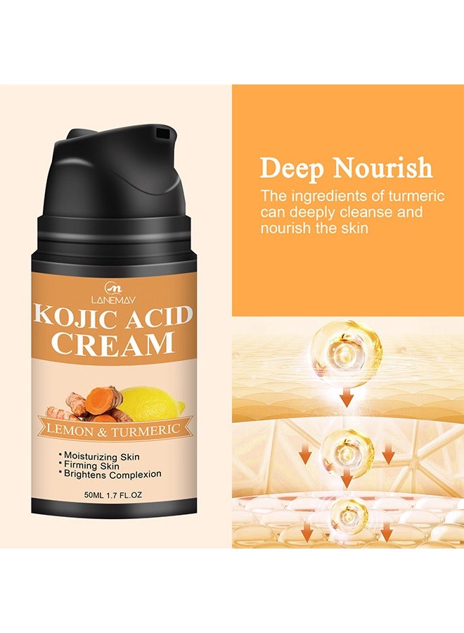 Skin Care -Kojic Acid Face Cream 50ml, Lemon Turmeric Deep Nourishment Anti Wrinkle Firming Repair Skin Barrier, Improve and Repair Damaged Skin Mildly Whiten Fix Wrinkles, Spots or Acne Scars in a Ef