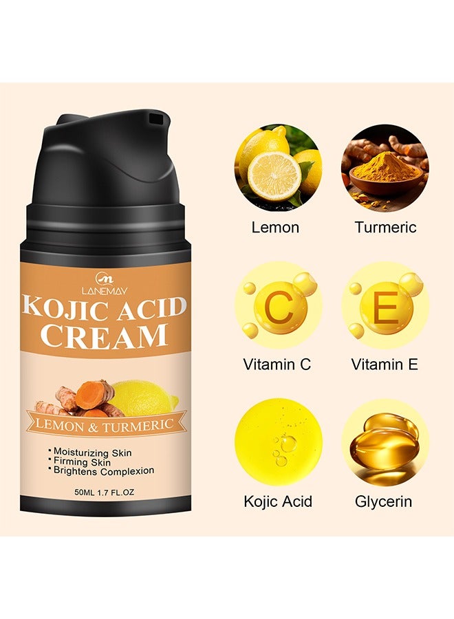 Skin Care -Kojic Acid Face Cream 50ml, Lemon Turmeric Deep Nourishment Anti Wrinkle Firming Repair Skin Barrier, Improve and Repair Damaged Skin Mildly Whiten Fix Wrinkles, Spots or Acne Scars in a Ef