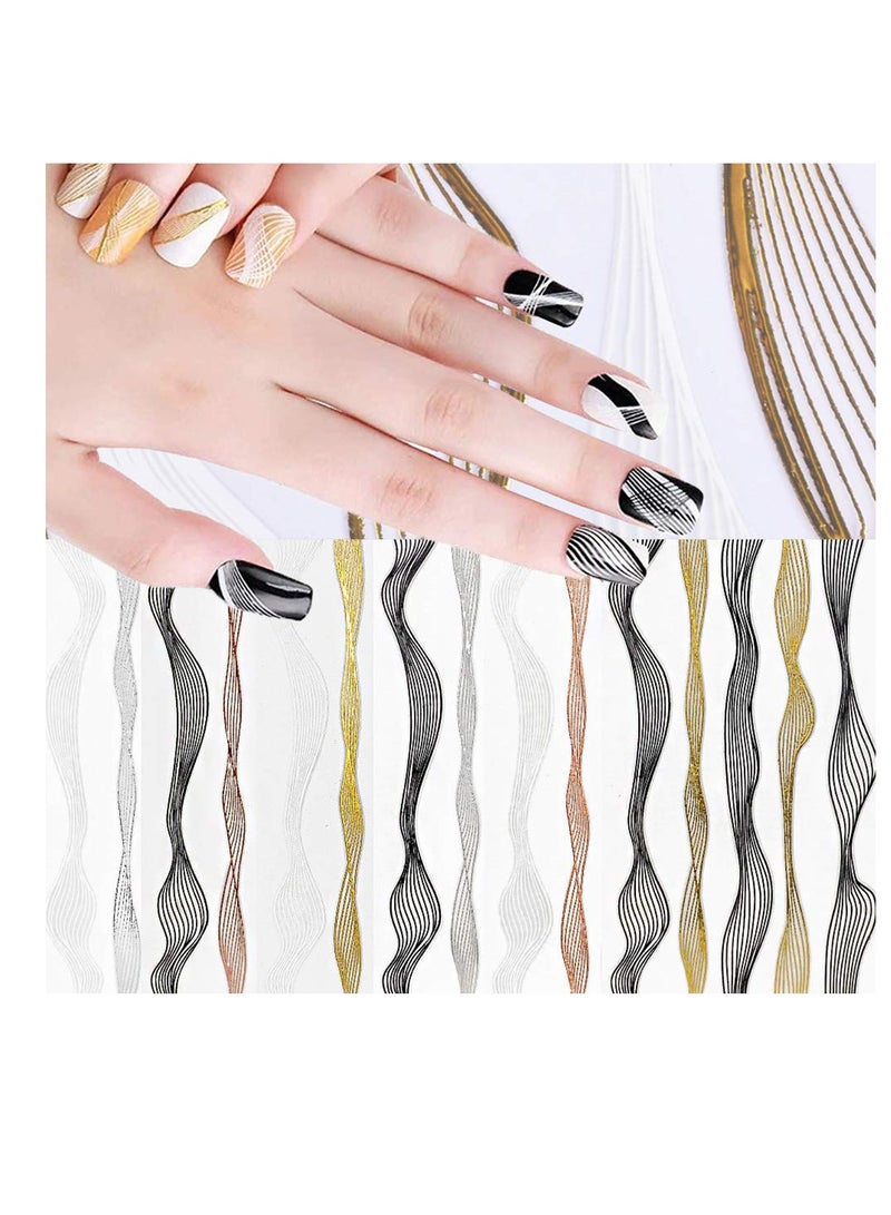6 Sheets Metallic Nail Stickers 3D Self Adhesive Black White Gold Silver Stripe Wave Line Decals Curve Lines Striping Tape Art Design for Women Girls