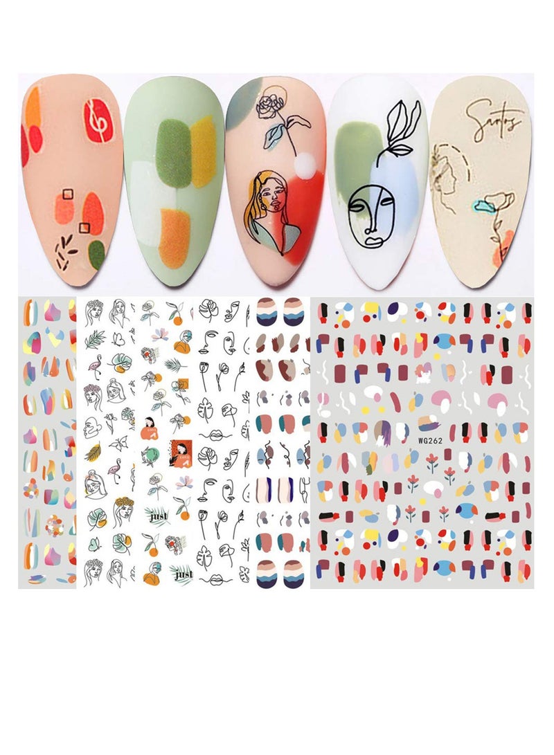 Graffiti Fun Nail Art Stickers Abstract Nail Decals 3D Self Adhesive Abstract Lady Face Rose Leaf Nail Design Manicure Tips Nail Decoration for Women Girls Kids 6 Sheets