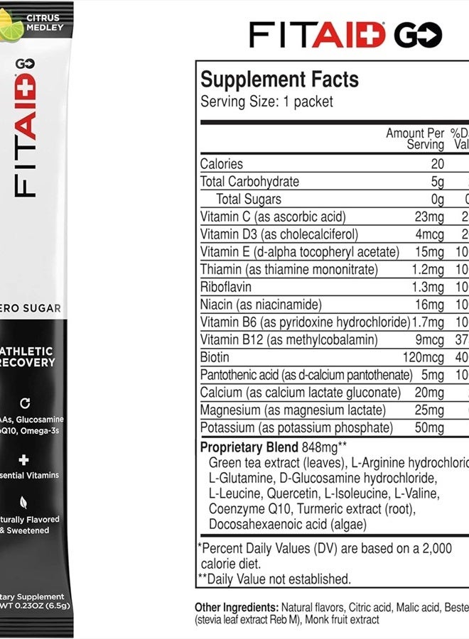 FITAID GO! ZERO SUGAR Recovery + Hydration Packet, W/ BCAAs, Glucosamine, Electrolytes, Omega-3s, 100% Clean, Vegan & Gluten-Free, Naturally Sweetened, 30 Count (Pack of 1)