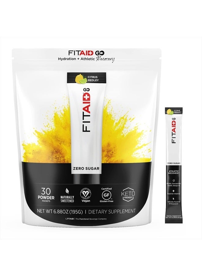 FITAID GO! ZERO SUGAR Recovery + Hydration Packet, W/ BCAAs, Glucosamine, Electrolytes, Omega-3s, 100% Clean, Vegan & Gluten-Free, Naturally Sweetened, 30 Count (Pack of 1)