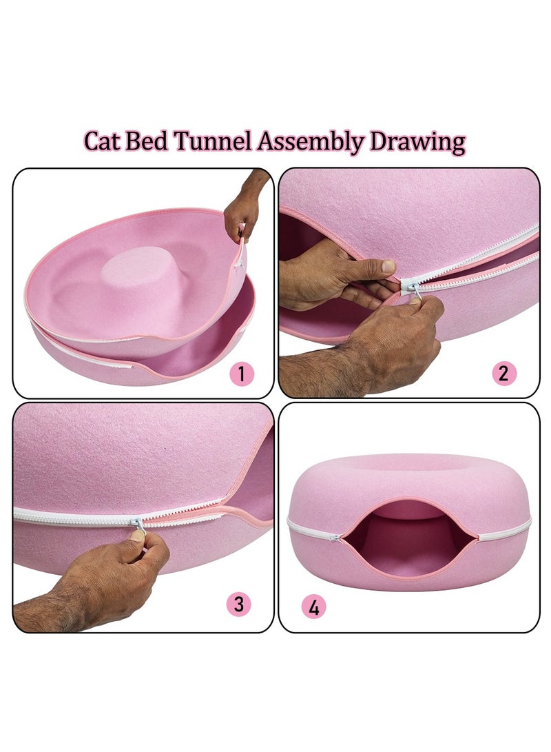 Cat tunnel bed, Indoor cat hide-out tunnel with ventilation window for medium pets, Anti-collapse felt play tunnel, Cat cave doughnut bed, Detachable and washable cat cave 60 cm (Pink)