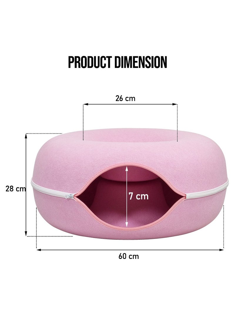 Cat tunnel bed, Indoor cat hide-out tunnel with ventilation window for medium pets, Anti-collapse felt play tunnel, Cat cave doughnut bed, Detachable and washable cat cave 60 cm (Pink)