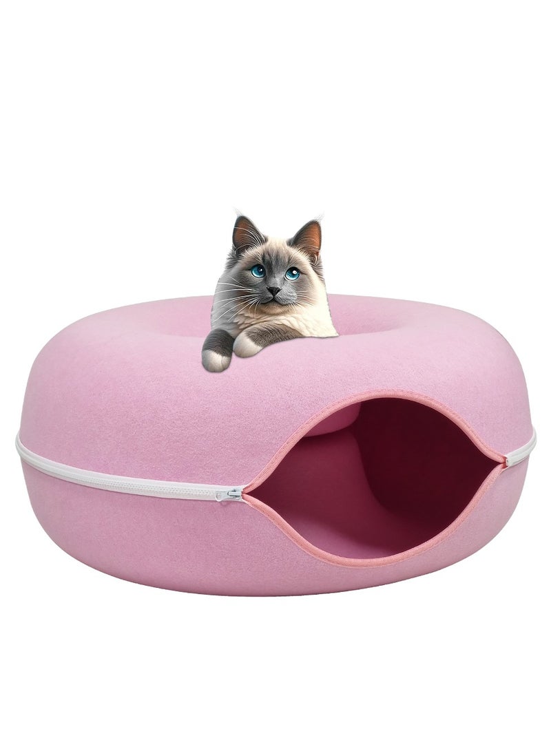 Cat tunnel bed, Indoor cat hide-out tunnel with ventilation window for medium pets, Anti-collapse felt play tunnel, Cat cave doughnut bed, Detachable and washable cat cave 60 cm (Pink)