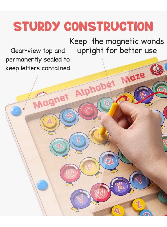 Magnetic Alphabet Maze Board With 4 Activity Cards Wooden Matching Letter Game Montessori Toys For Preschool Kingdergarten Fine Motor Skills Toys Abc Recognition Color Sorting Puzzle