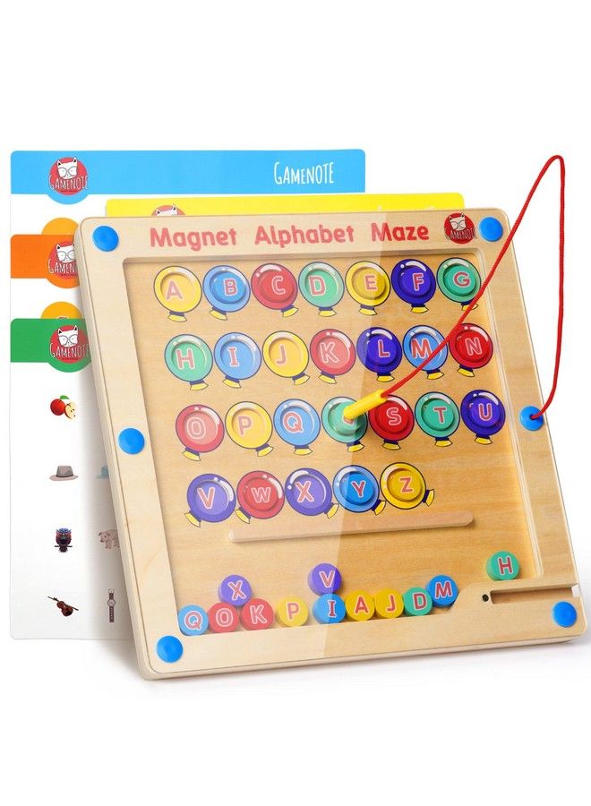 Magnetic Alphabet Maze Board With 4 Activity Cards Wooden Matching Letter Game Montessori Toys For Preschool Kingdergarten Fine Motor Skills Toys Abc Recognition Color Sorting Puzzle