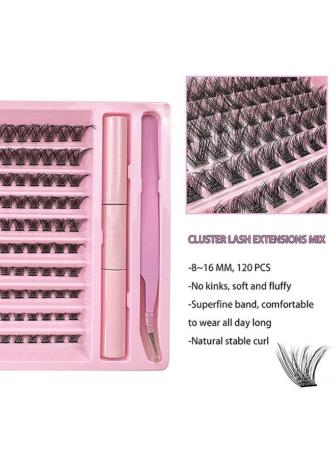 False Lashes Individual Packs 120 Tufted Lashes DIY Lash Extensions Natural Look Reusable Eyelash Glue Bonding Black Lashes Cluster Lashes 3D Effect Individual False Eyelashes With Eyelash Glue