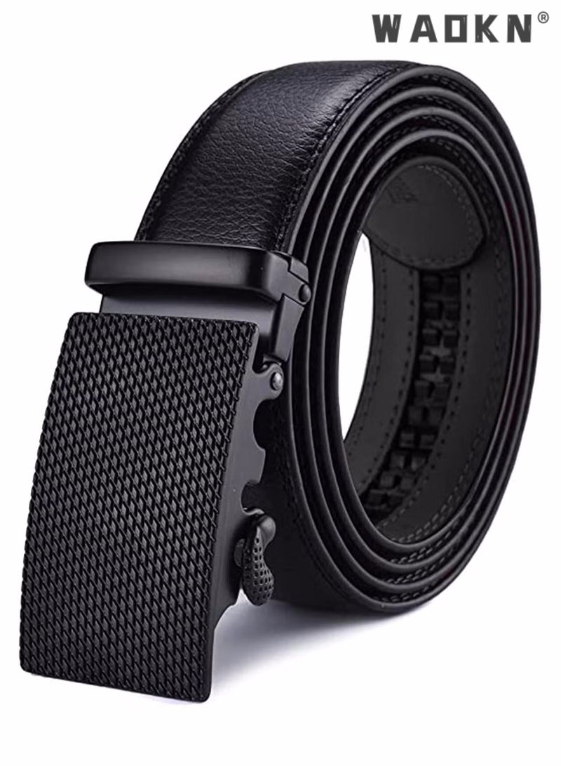 Men's Leather Ratchet Dress Belts with Automatic Buckle Leather Belt Fashion Belt Ratchet Belt Soft, Comfortable and Durable Quality Leather - Adjustable Trim to Fit- Black