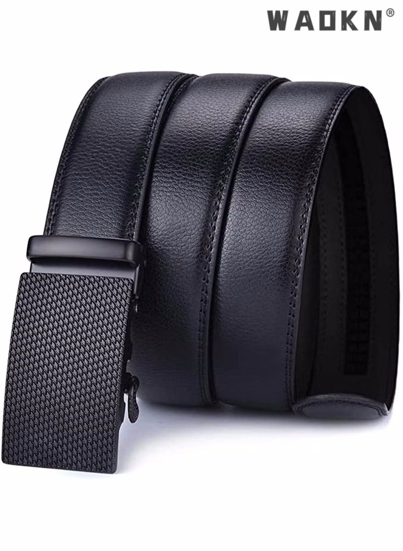 Men's Leather Ratchet Dress Belts with Automatic Buckle Leather Belt Fashion Belt Ratchet Belt Soft, Comfortable and Durable Quality Leather - Adjustable Trim to Fit- Black