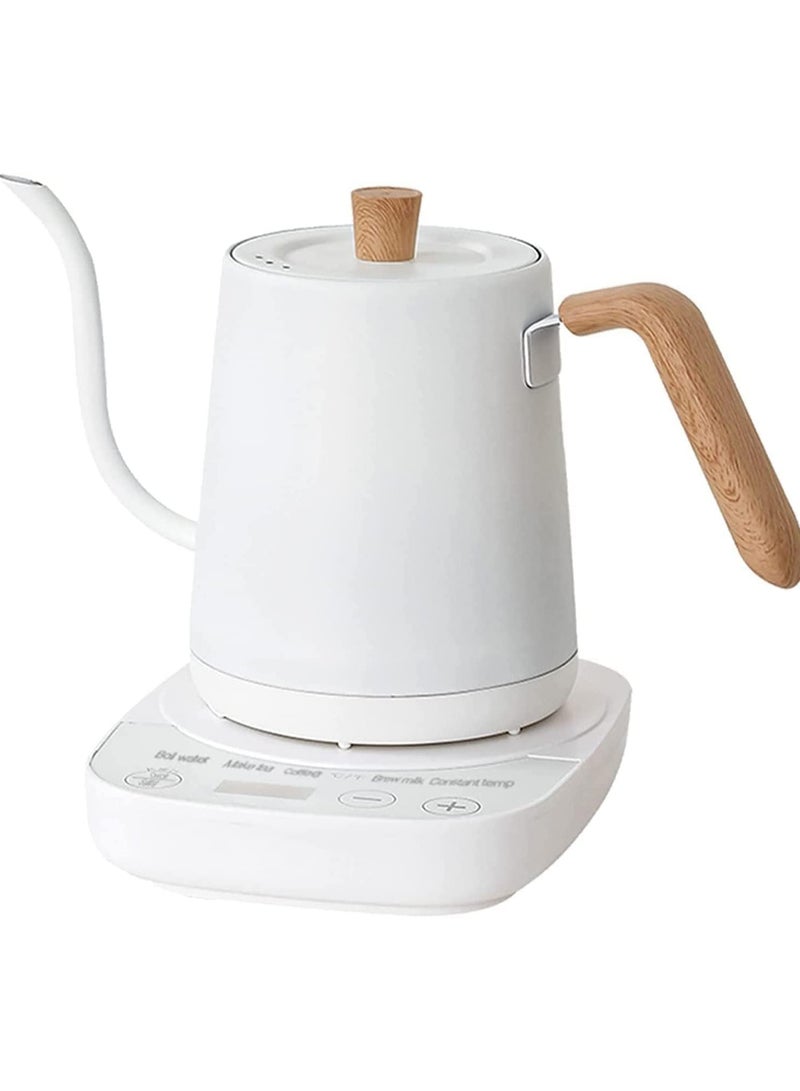 Gooseneck Electric Kettle Temperature Control 0.8L, 4 Modes Pour Over Coffee and Tea Kettle Wood Handle, 100% Stainless Steel Inner with Leak Proof Design, 1000W Rapid Heating,Smart Control,White