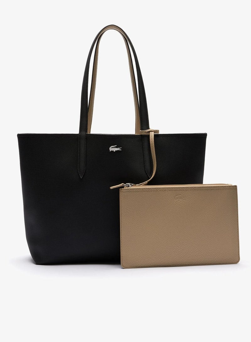 LACOSTE Women's Anna Double sided Two tone Large Capacity Handbag, Fashionable and Versatile, Black/Khaki