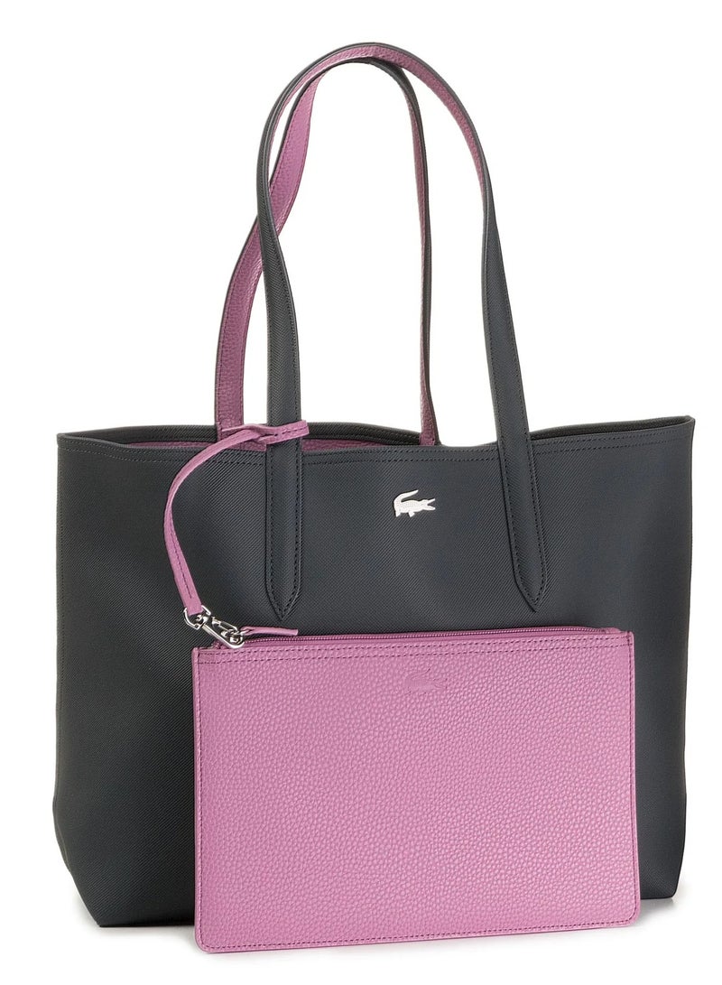 LACOSTE Women's Anna Double sided Two tone Large Capacity Handbag, Fashionable and Versatile, Black/Pink