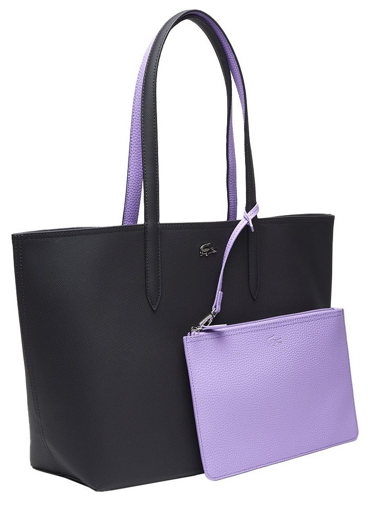 LACOSTE Women's Anna Double sided Two tone Large Capacity Handbag, Fashionable and Versatile, Black/Purple
