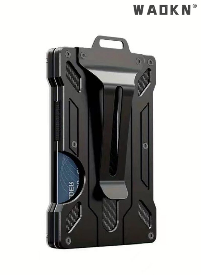 Wallet For Men Slim Aluminum Metal Money Clip with Transparent Work RFID Metal Wallet Work ID Card Holder Business Card Holder with Clear Window ID Badge Clip Cash Card Slim Minimalist Wallet (Black)