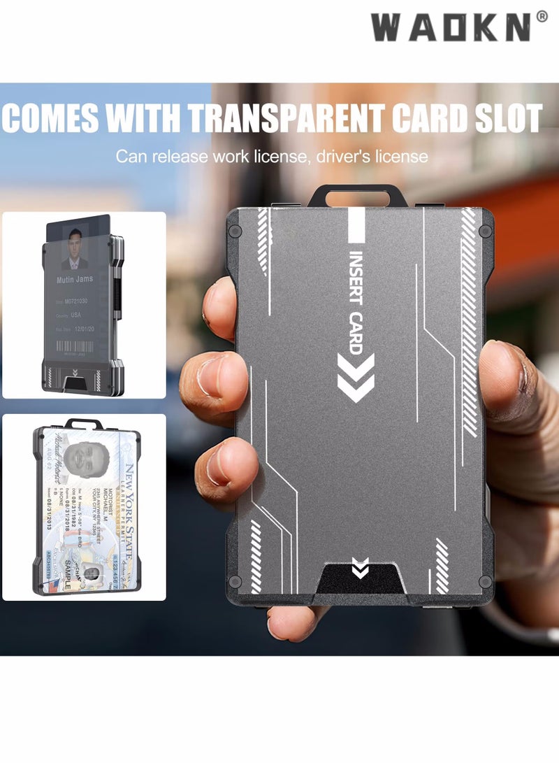 Wallet For Men Slim Aluminum Metal Money Clip with Transparent Work RFID Metal Wallet Work ID Card Holder Business Card Holder with Clear Window ID Badge Clip Cash Card Slim Minimalist Wallet (Black)