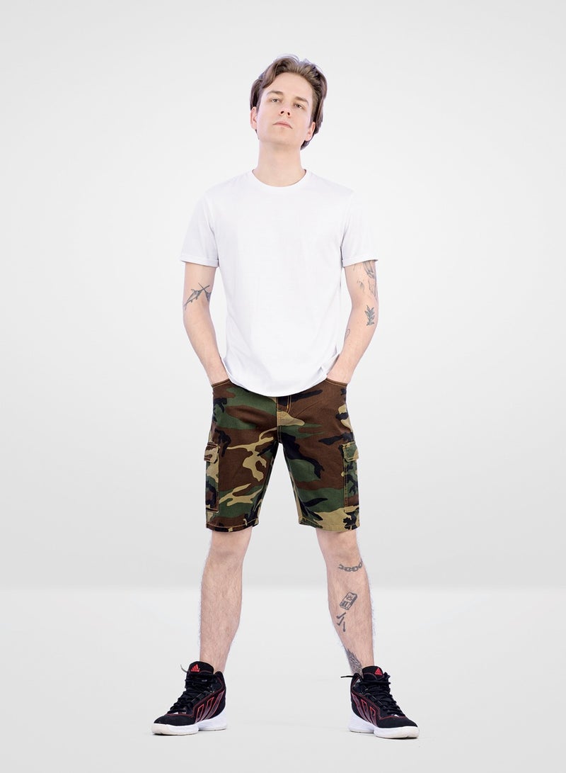 Web Denim Camo Printed Cotton Regular Fit Casual Shorts for Men’s Comfortable Elastic Waistband With Drawstring Shorts For Summer With Pockets UAE KSA, Numeric, Camo Print.