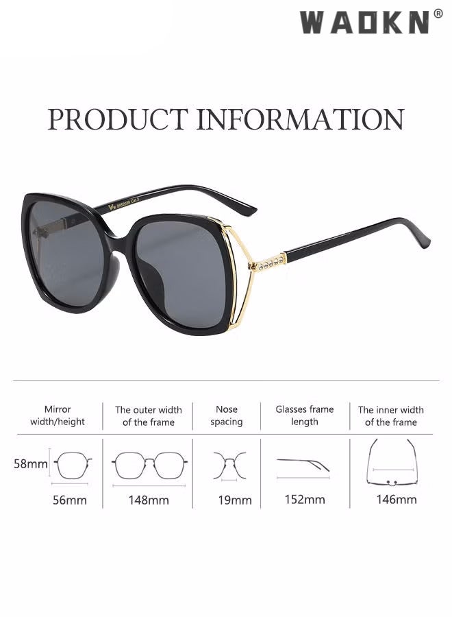 Women's Square Sunglasses, UV400 Protection Sun Glasses with Rhinestone-Encrusted Frame, Oversize Fashion Anti-glare Sun Shades for Women with Glasses Case （Black）