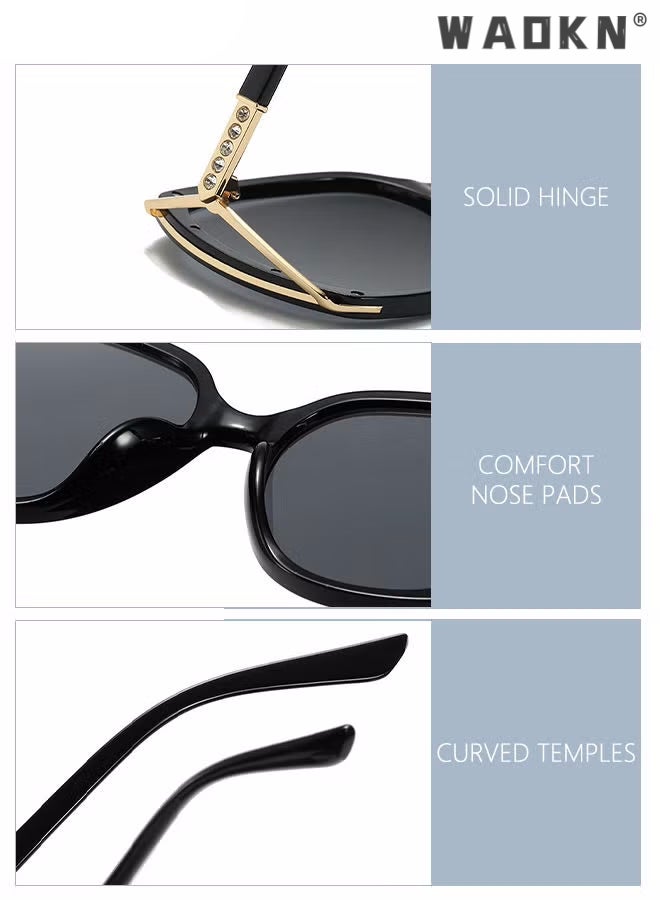 Women's Square Sunglasses, UV400 Protection Sun Glasses with Rhinestone-Encrusted Frame, Oversize Fashion Anti-glare Sun Shades for Women with Glasses Case （Black）
