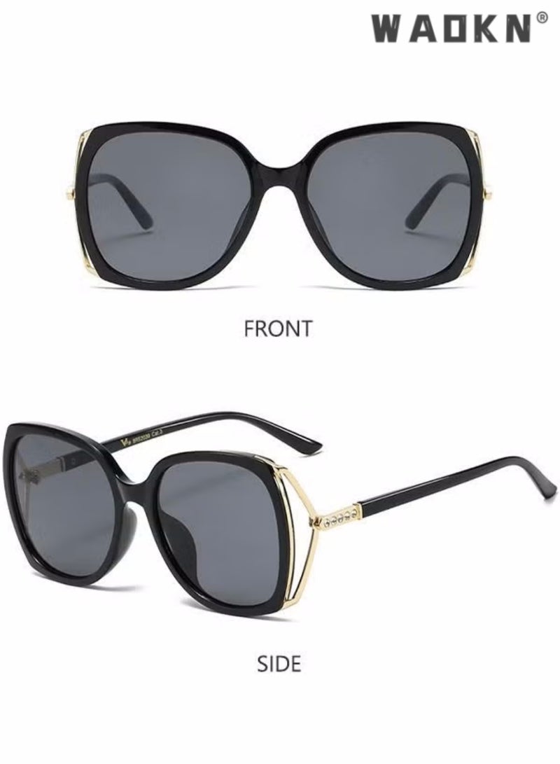 Women's Square Sunglasses, UV400 Protection Sun Glasses with Rhinestone-Encrusted Frame, Oversize Fashion Anti-glare Sun Shades for Women with Glasses Case （Black）