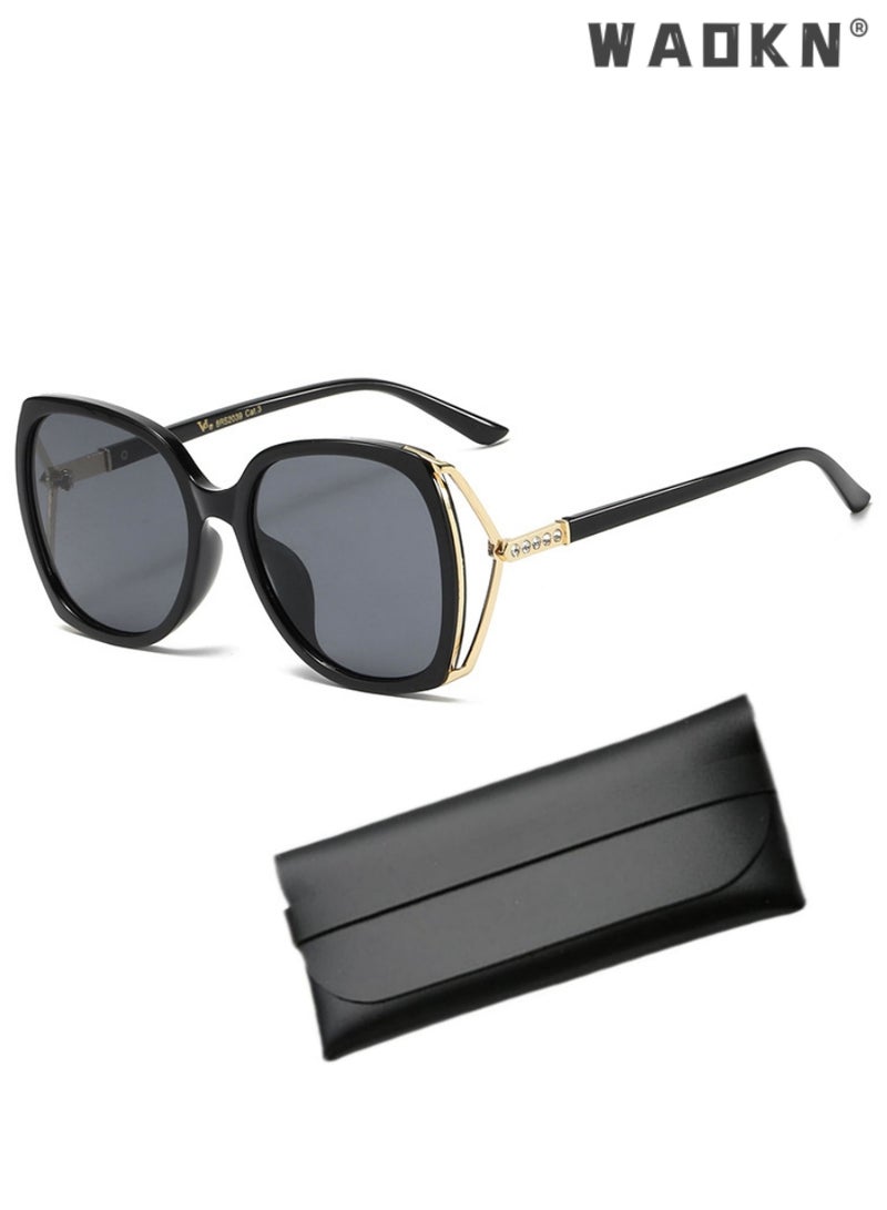 Women's Square Sunglasses, UV400 Protection Sun Glasses with Rhinestone-Encrusted Frame, Oversize Fashion Anti-glare Sun Shades for Women with Glasses Case （Black）