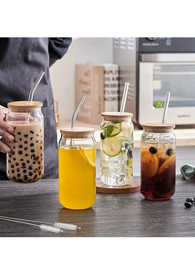 Drinking Glasses with Bamboo Lids and Glass Straw 4pcs Set - 16oz Can Shaped Glass Cups, Beer Glasses, Iced Coffee Glasses, Cute Tumbler Cup, Ideal for Cocktail, Whiskey, Gift - 2 Cleaning Brushes