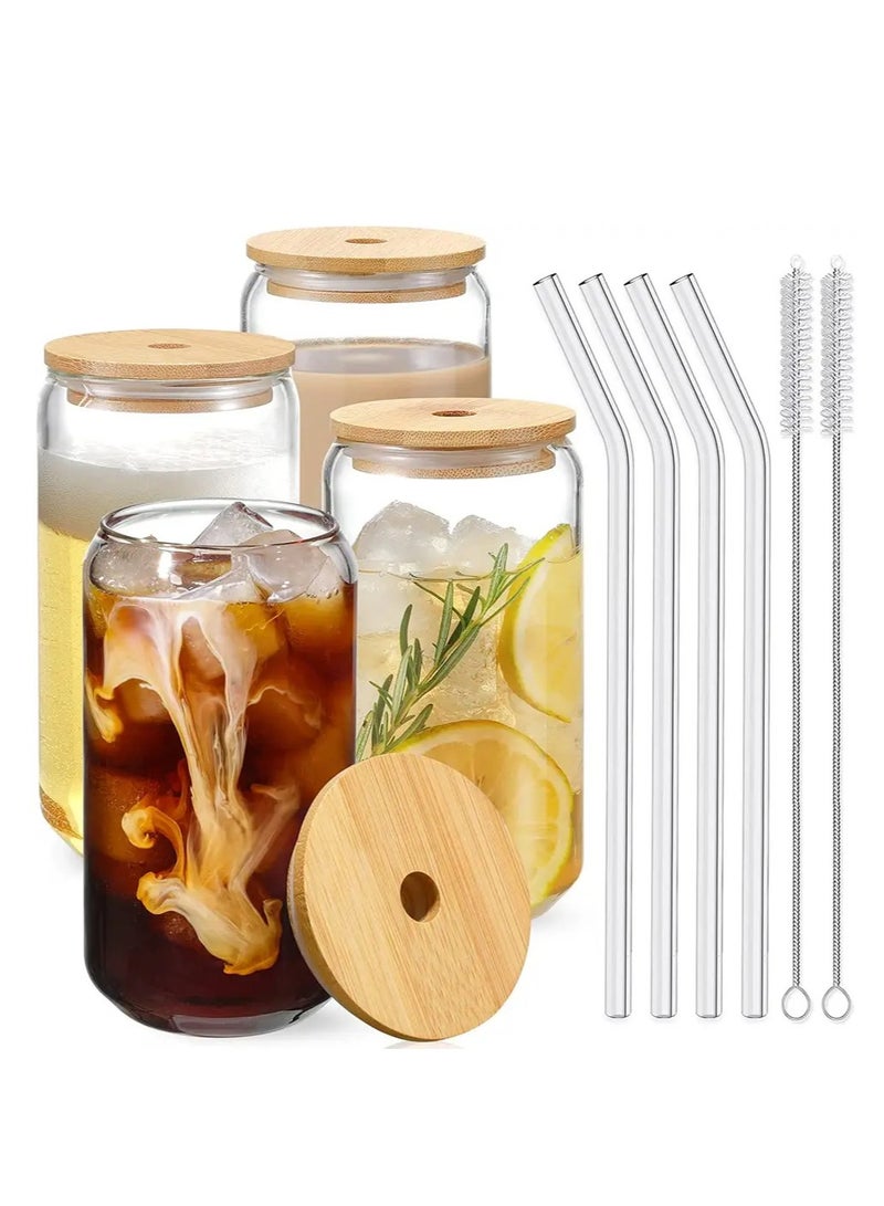 Drinking Glasses with Bamboo Lids and Glass Straw 4pcs Set - 16oz Can Shaped Glass Cups, Beer Glasses, Iced Coffee Glasses, Cute Tumbler Cup, Ideal for Cocktail, Whiskey, Gift - 2 Cleaning Brushes