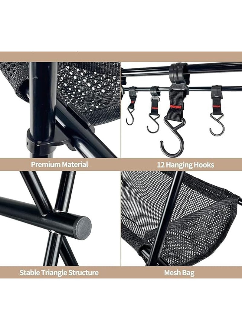 Cookware Hanging Rack for Camping Ultralight Aluminum Tripod Folding Shelf with 12 Hooks Mesh Storage Layer and Storage Bag Outdoor Multifunction Camping Triangle Stand