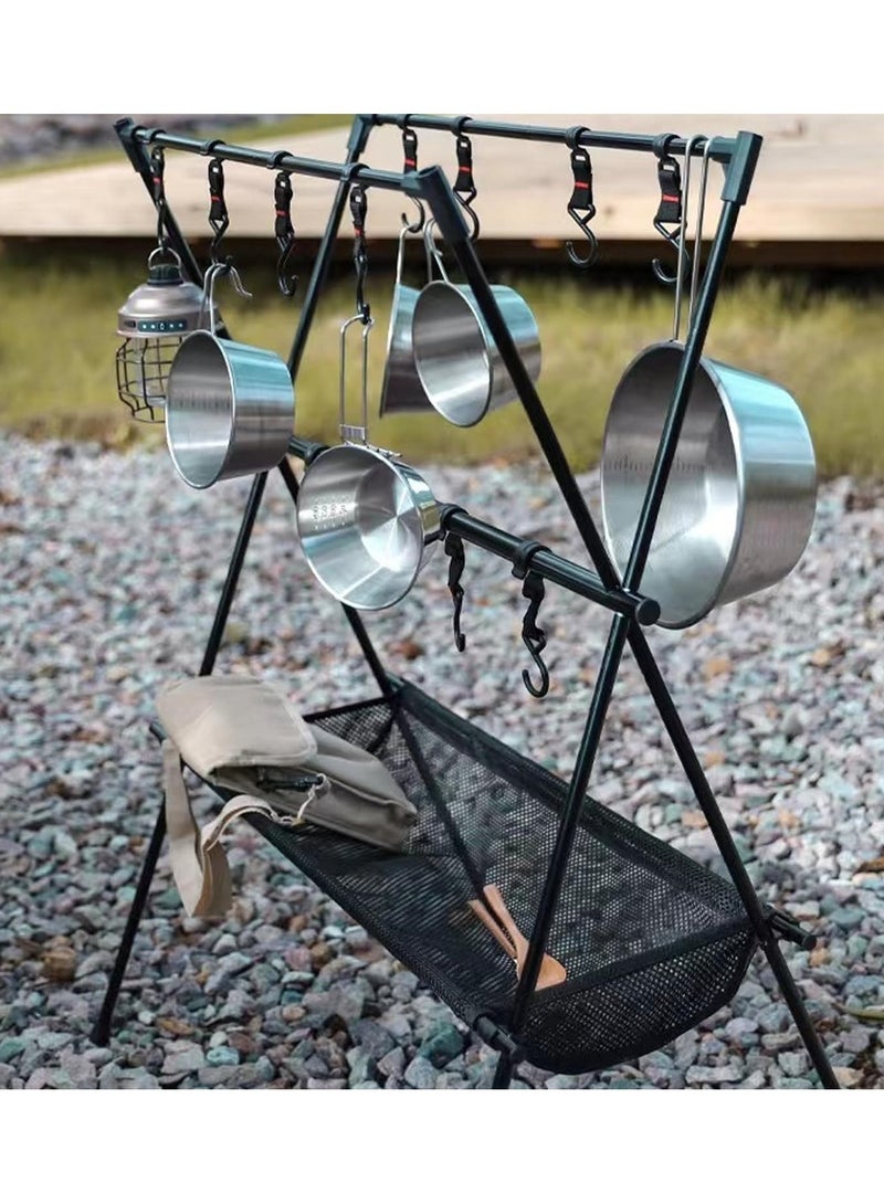 Cookware Hanging Rack for Camping Ultralight Aluminum Tripod Folding Shelf with 12 Hooks Mesh Storage Layer and Storage Bag Outdoor Multifunction Camping Triangle Stand