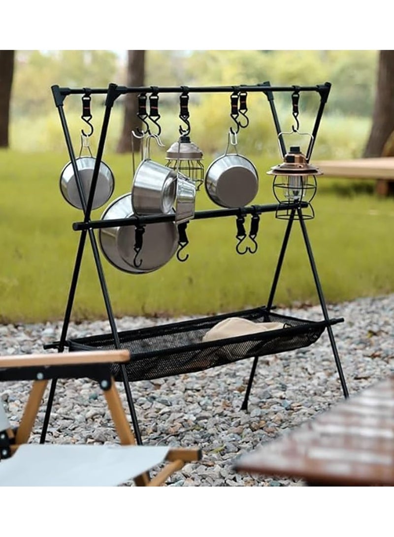 Cookware Hanging Rack for Camping Ultralight Aluminum Tripod Folding Shelf with 12 Hooks Mesh Storage Layer and Storage Bag Outdoor Multifunction Camping Triangle Stand