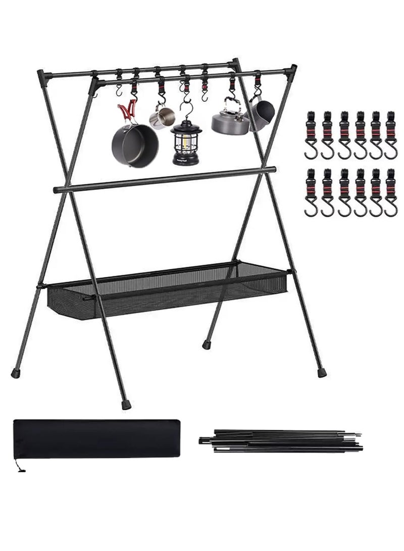 Cookware Hanging Rack for Camping Ultralight Aluminum Tripod Folding Shelf with 12 Hooks Mesh Storage Layer and Storage Bag Outdoor Multifunction Camping Triangle Stand