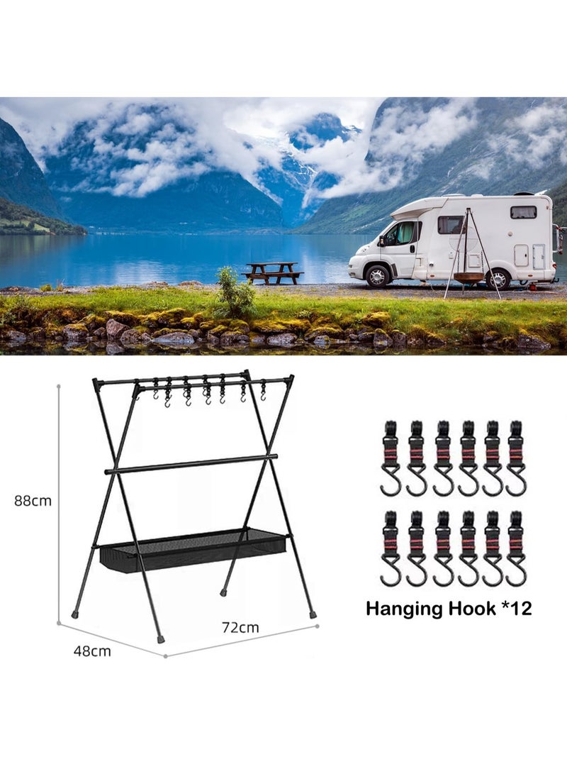 Cookware Hanging Rack for Camping Ultralight Aluminum Tripod Folding Shelf with 12 Hooks Mesh Storage Layer and Storage Bag Outdoor Multifunction Camping Triangle Stand