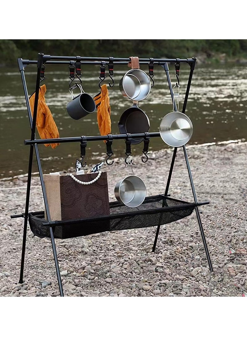 Cookware Hanging Rack for Camping Ultralight Aluminum Tripod Folding Shelf with 12 Hooks Mesh Storage Layer and Storage Bag Outdoor Multifunction Camping Triangle Stand