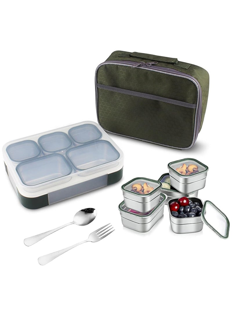 Stainless Steel Lunch Box for Kids Adults,Insulated Bento Lunch Box with Tableware & Bag,1000ML 5 Compartment Divided Lunch Containers with Lids,Leakproof | BPA Free | Dishwasher Safe (Green，1000ml)