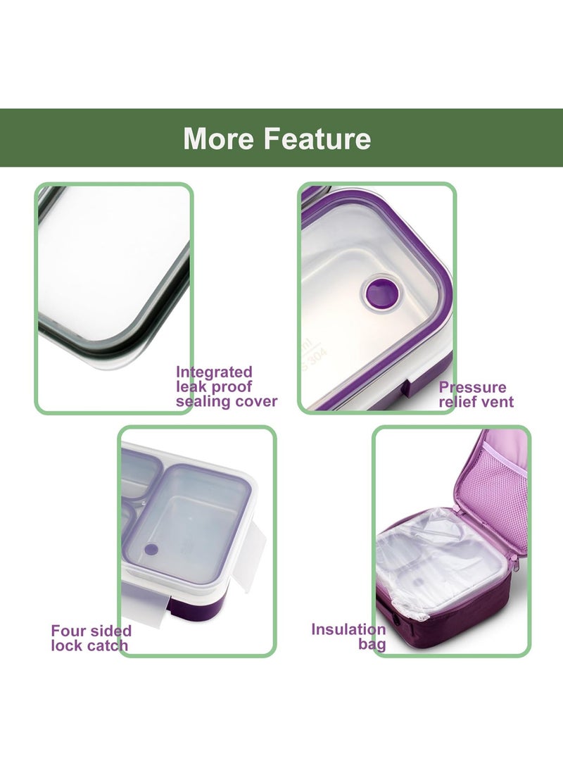 Stainless Steel Lunch Box for Kids Adults,Insulated Bento Lunch Box with Tableware & Bag,1000ML 5 Compartment Divided Lunch Containers with Lids,Leakproof | BPA Free | Dishwasher Safe (Green，1000ml)