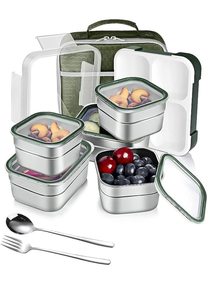 Stainless Steel Lunch Box for Kids Adults,Insulated Bento Lunch Box with Tableware & Bag,1000ML 5 Compartment Divided Lunch Containers with Lids,Leakproof | BPA Free | Dishwasher Safe (Green，1000ml)