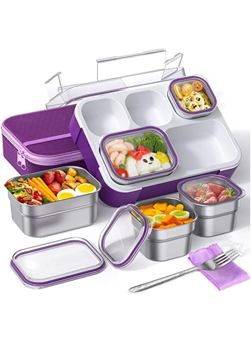 Stainless Steel Lunch Box for Kids Adults,Insulated Bento Lunch Box with Tableware & Bag,1000ML 5 Compartment Divided Lunch Containers with Lids,Leakproof | BPA Free | Dishwasher Safe (Purple，1000ml)