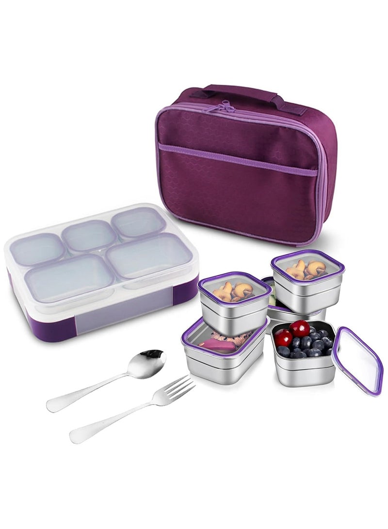 Stainless Steel Lunch Box for Kids Adults,Insulated Bento Lunch Box with Tableware & Bag,1000ML 5 Compartment Divided Lunch Containers with Lids,Leakproof | BPA Free | Dishwasher Safe (Purple，1000ml)