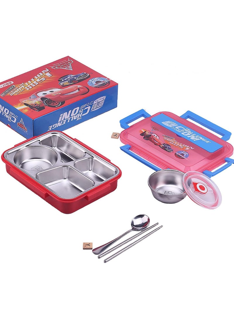 Kids Lunch Box with Tableware,Customed for Kids Cartoon Bento Lunch Box，1100ml 4 compartment Insulated Lunch Box for Children | Leakproof | BFA Free | Dishwasher | Stainless Steel 26x20x7cm (Cars)