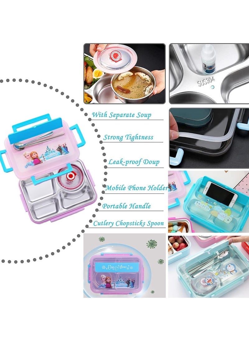 Kids Lunch Box with Tableware,Customed for Kids Cartoon Bento Lunch Box，1100ml 4 compartment Insulated Lunch Box for Children | Leakproof | BFA Free | Dishwasher | Stainless Steel 26x20x7cm (Cars)
